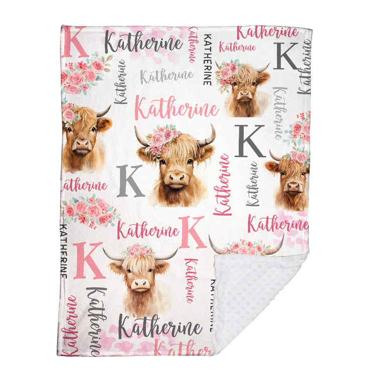 Personalized Name Minky Baby Blankets , Highland Cow Baby Blankets, Minky Blanket Double Layer with Dotted Backing for Infant Toddler Crib, Nursery Decorations