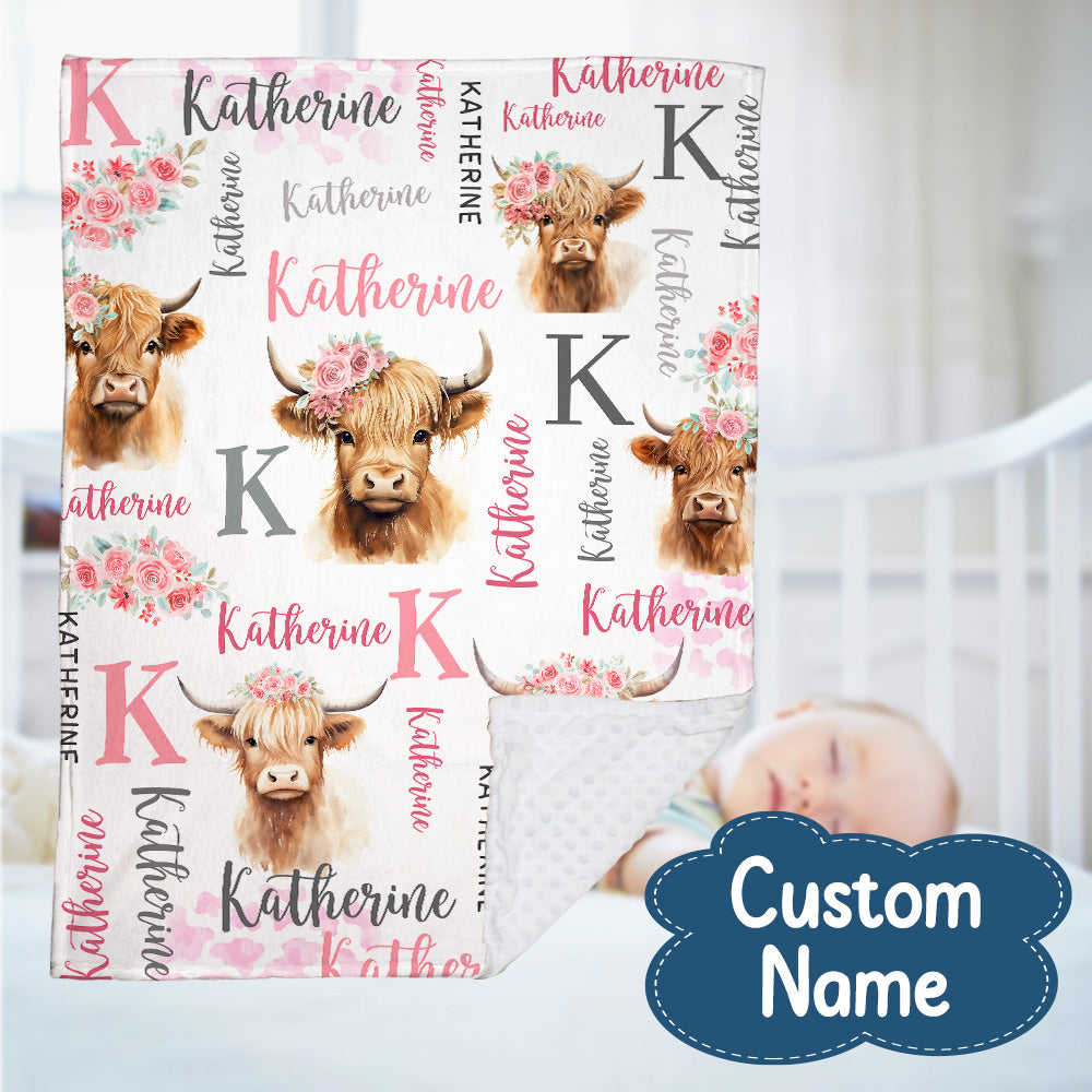Personalized Name Minky Baby Blankets , Highland Cow Baby Blankets, Minky Blanket Double Layer with Dotted Backing for Infant Toddler Crib, Nursery Decorations