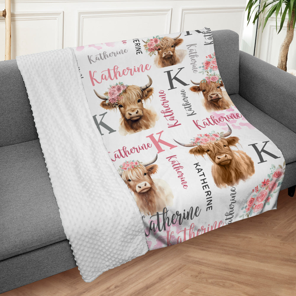 Personalized Name Minky Baby Blankets , Highland Cow Baby Blankets, Minky Blanket Double Layer with Dotted Backing for Infant Toddler Crib, Nursery Decorations