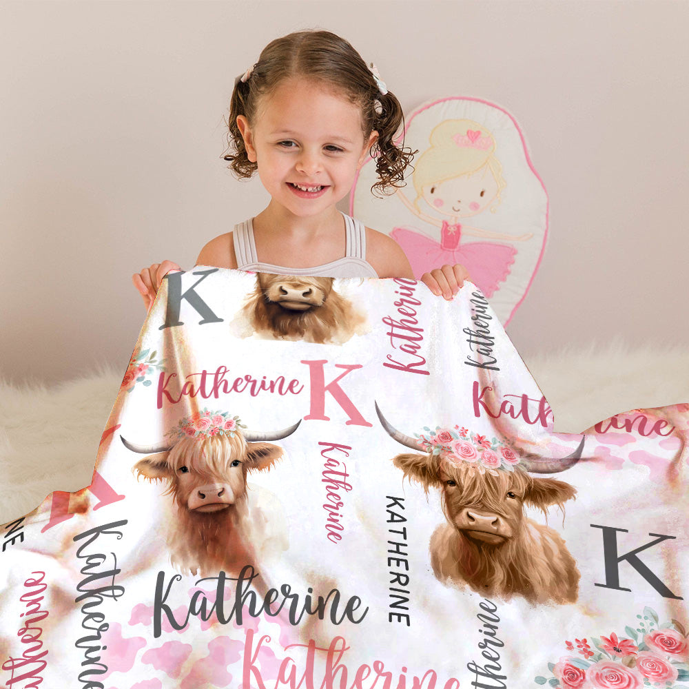Personalized Name Minky Baby Blankets , Highland Cow Baby Blankets, Minky Blanket Double Layer with Dotted Backing for Infant Toddler Crib, Nursery Decorations