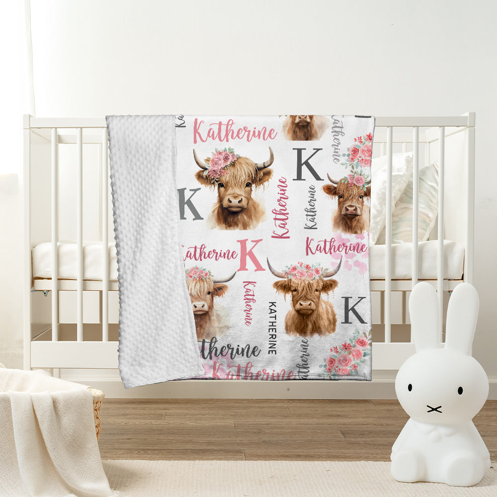 Personalized Name Minky Baby Blankets , Highland Cow Baby Blankets, Minky Blanket Double Layer with Dotted Backing for Infant Toddler Crib, Nursery Decorations