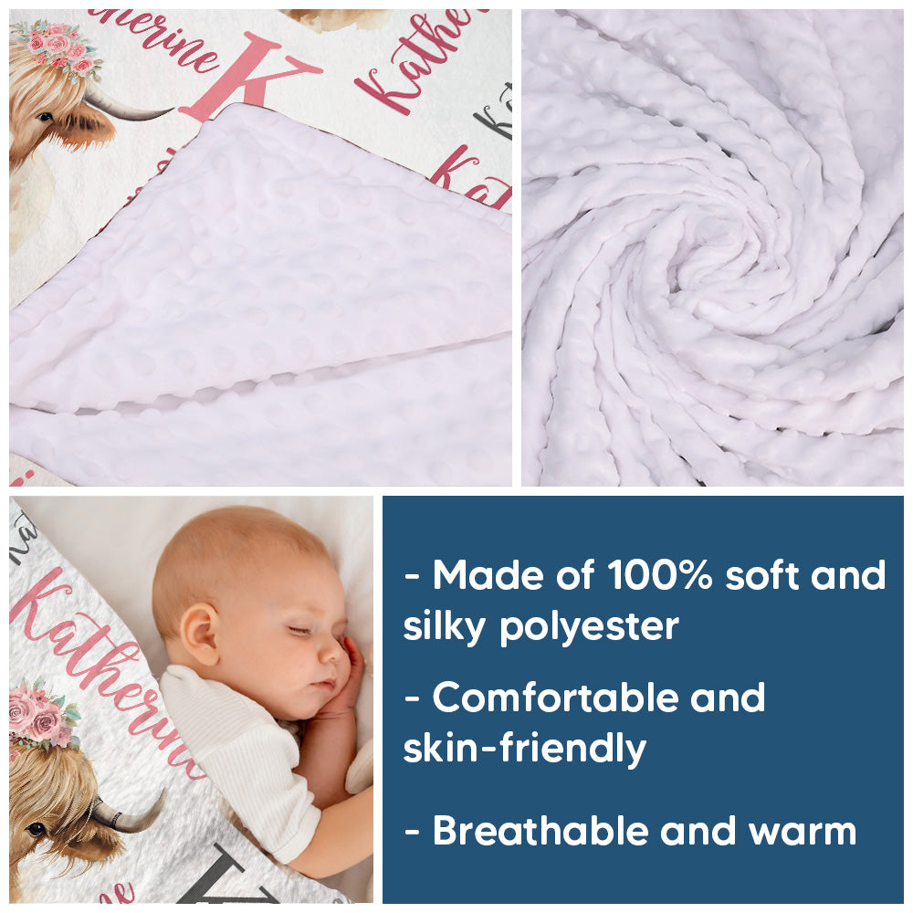 Personalized Name Minky Baby Blankets , Highland Cow Baby Blankets, Minky Blanket Double Layer with Dotted Backing for Infant Toddler Crib, Nursery Decorations