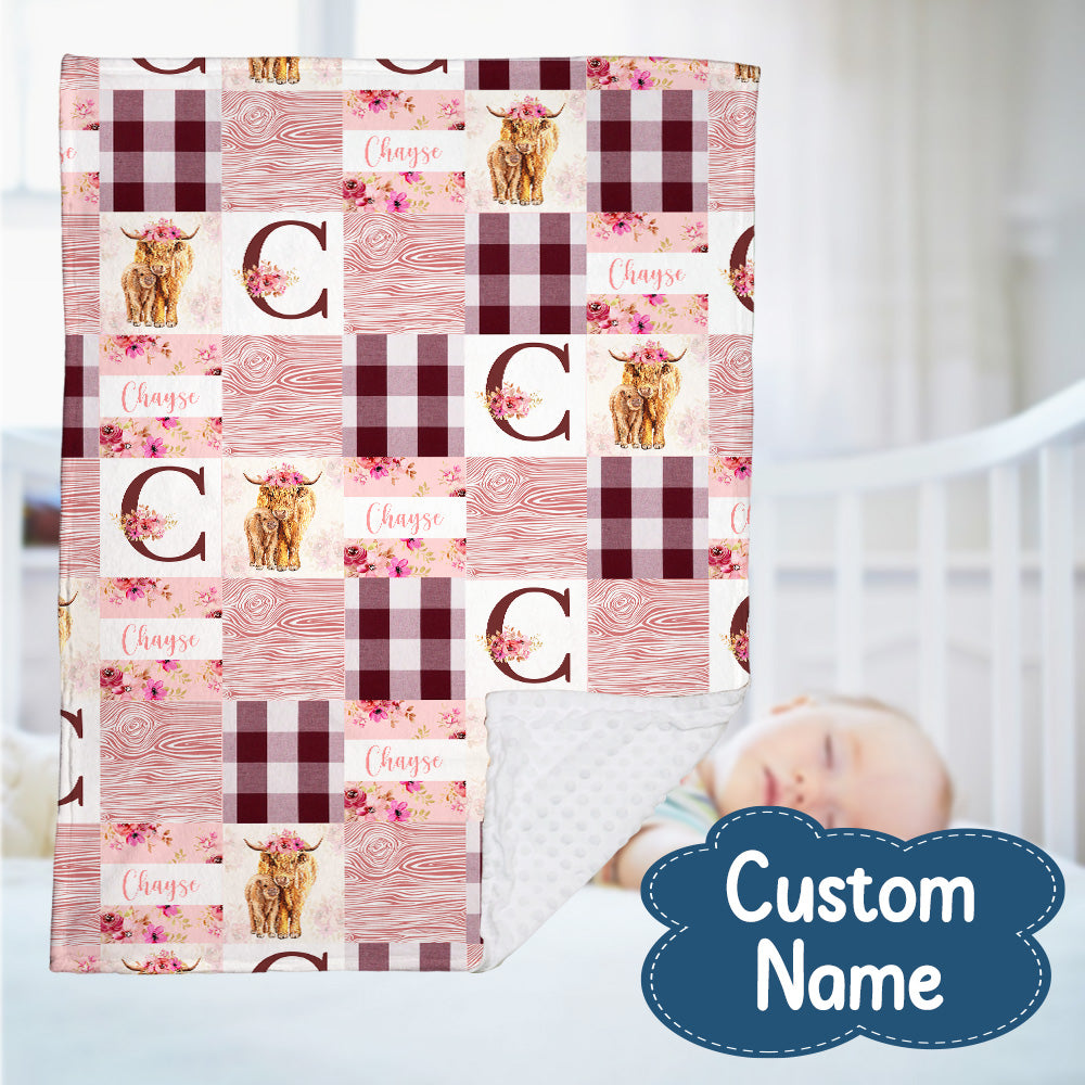 Personalized Name Minky Baby Blankets, Highland Cow Baby Blankets, Nursery Decorations, Gift For Baby