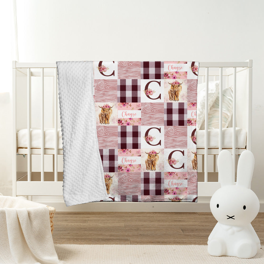 Personalized Name Minky Baby Blankets, Highland Cow Baby Blankets, Nursery Decorations, Gift For Baby