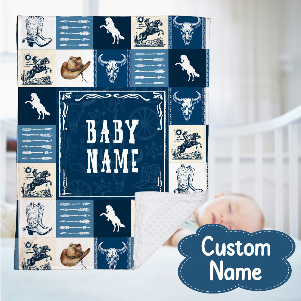 Personalized Name Minky Baby Blankets Blue , Minky Blanket Double Layer with Dotted Backing for Infant Toddler Crib, Gift For Baby