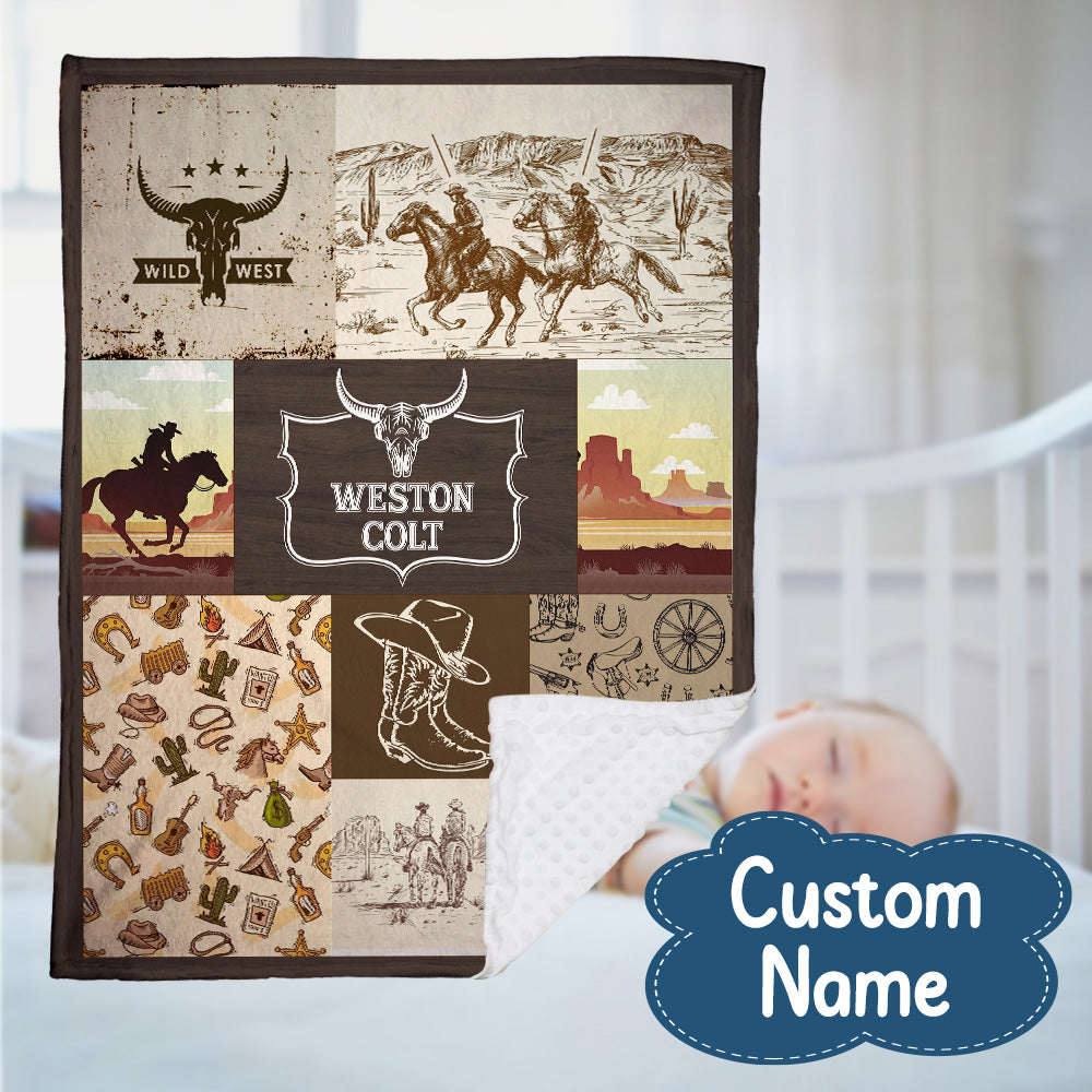 Personalized Name Minky Baby Blankets for Baby, Minky Blanket Double Layer with Dotted Backing for Infant Toddler Crib, Western Nursery Decorations