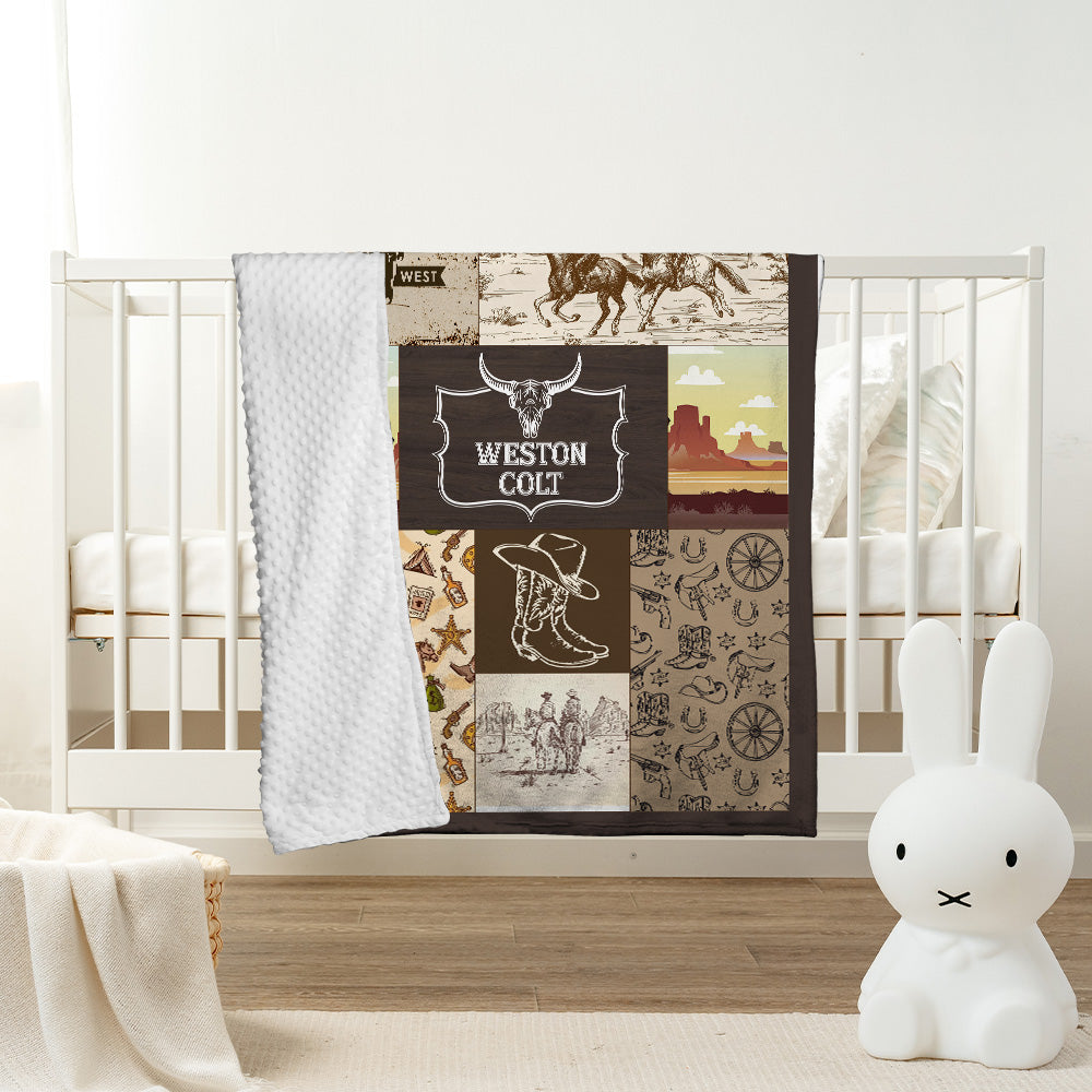 Personalized Name Minky Baby Blankets for Baby, Minky Blanket Double Layer with Dotted Backing for Infant Toddler Crib, Western Nursery Decorations