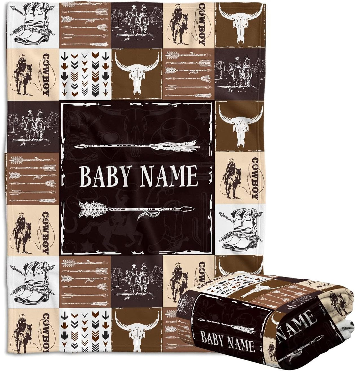 Personalized Name Minky Baby Blankets for Baby, Soft Plush Receiving Blanket Double Layer with Dotted Backing for Infant Toddler Crib, Western Nursery Decorations