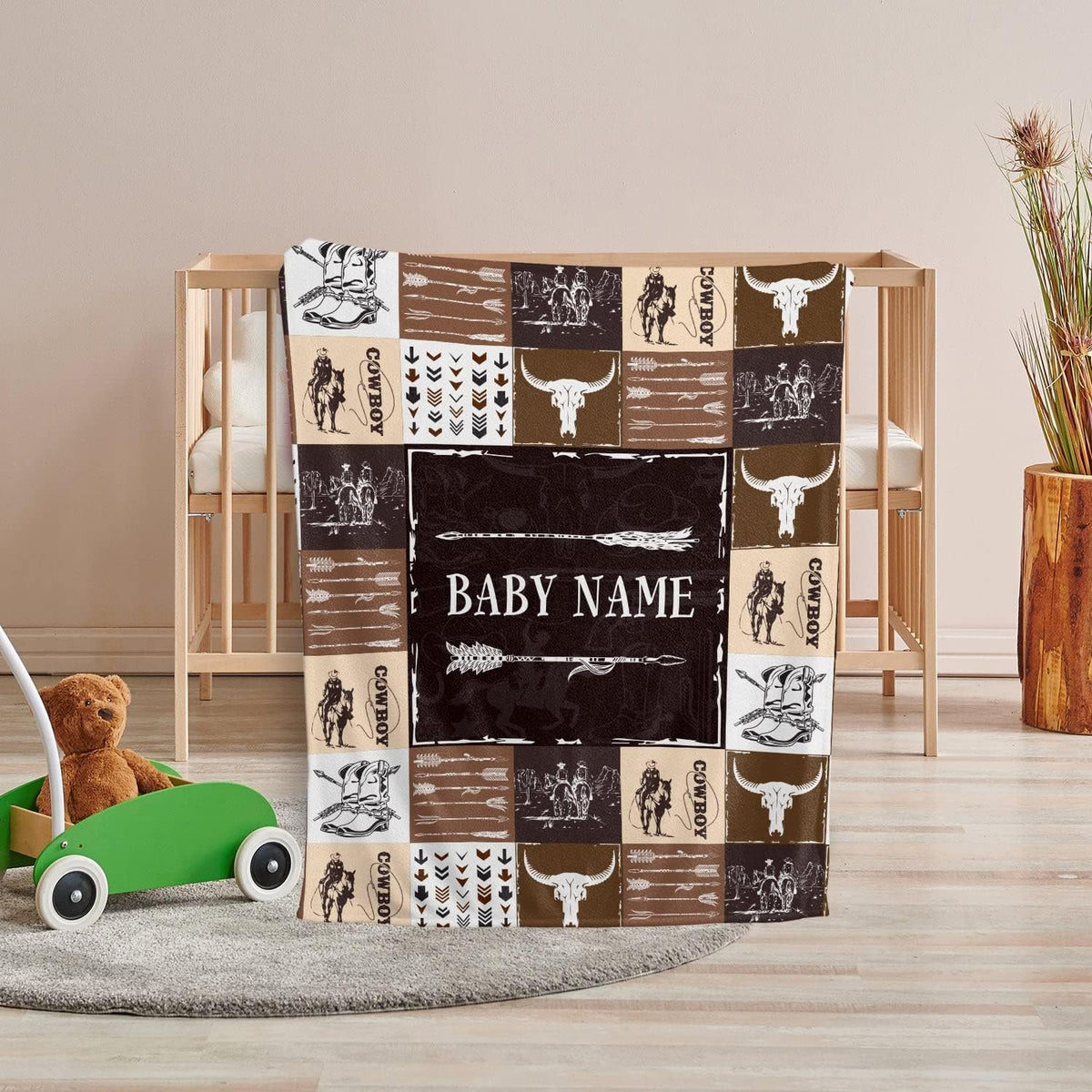 Personalized Name Minky Baby Blankets for Baby, Soft Plush Receiving Blanket Double Layer with Dotted Backing for Infant Toddler Crib, Western Nursery Decorations