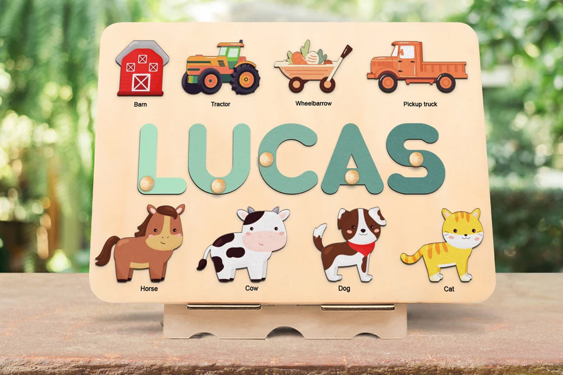 Personalized Name Puzzle, Farm Animal Name Puzzle With Pegs, Baby Shower Gift