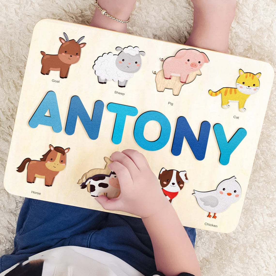 Personalized Name Puzzle, Farm Animal Name Puzzle With Pegs, Baby Shower Gift