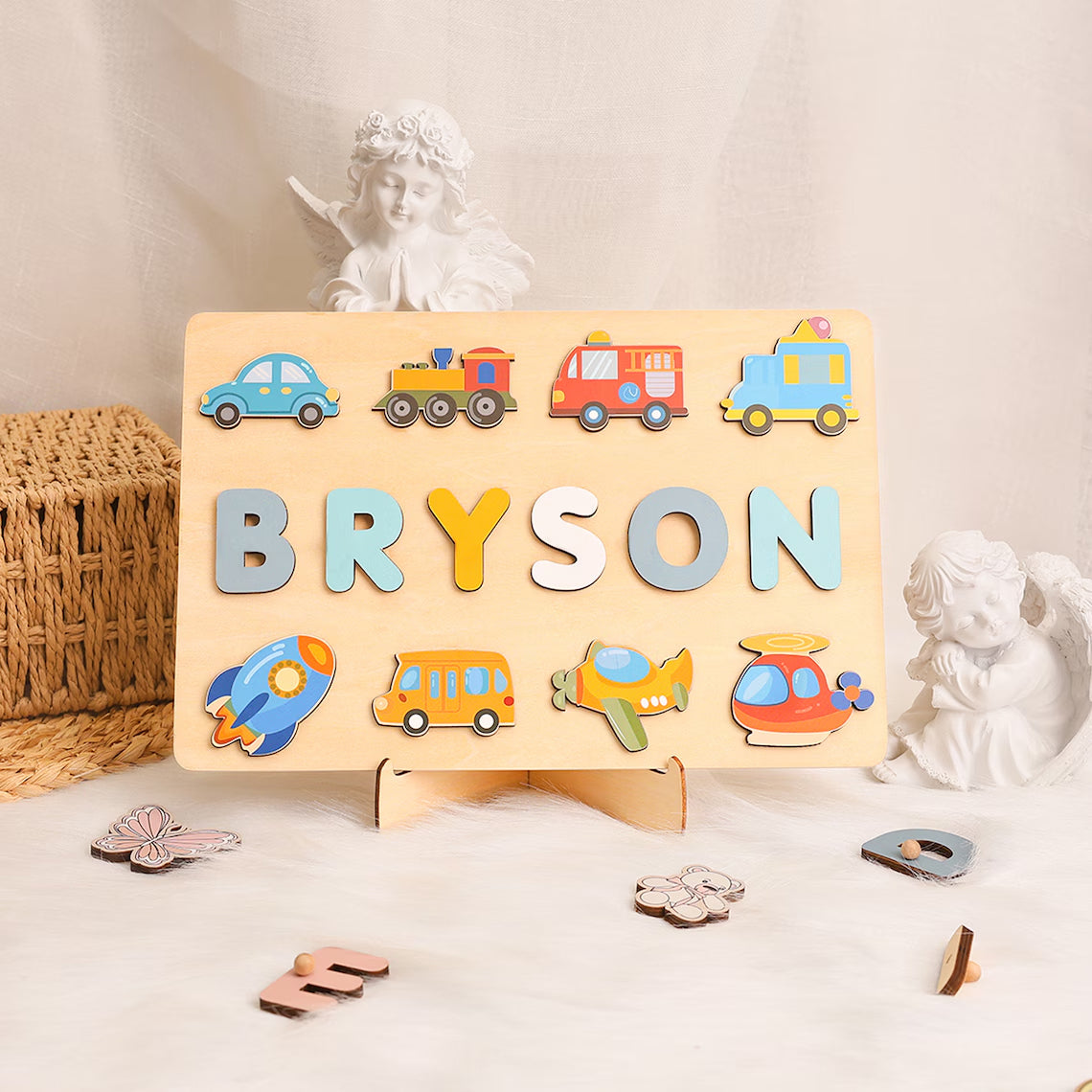 Personalized Name Puzzle for Kids/Boys, Name Puzzle Gift with Cars, Trucks, Trains, Planes, Rockets, Wooden Montessori Toys