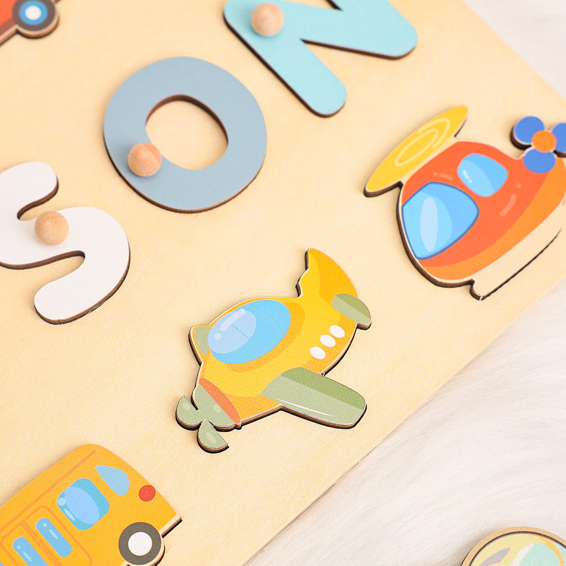 Personalized Name Puzzle for Kids/Boys, Name Puzzle Gift with Cars, Trucks, Trains, Planes, Rockets, Wooden Montessori Toys