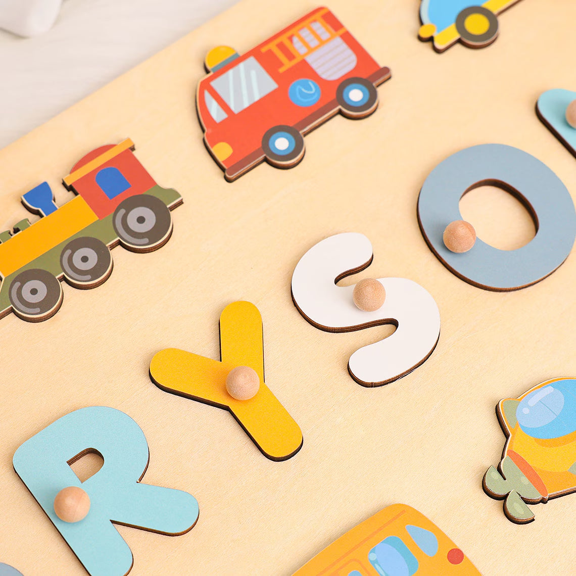 Personalized Name Puzzle for Kids/Boys, Name Puzzle Gift with Cars, Trucks, Trains, Planes, Rockets, Wooden Montessori Toys