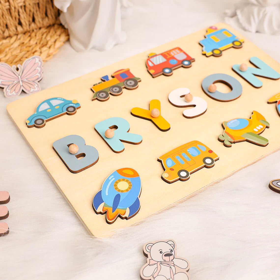 Personalized Name Puzzle for Kids/Boys, Name Puzzle Gift with Cars, Trucks, Trains, Planes, Rockets, Wooden Montessori Toys