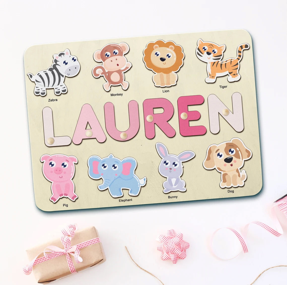 Personalized Name Puzzle with Animals, Baby Girl and Boy Gift, Wood Toy For One Year Old