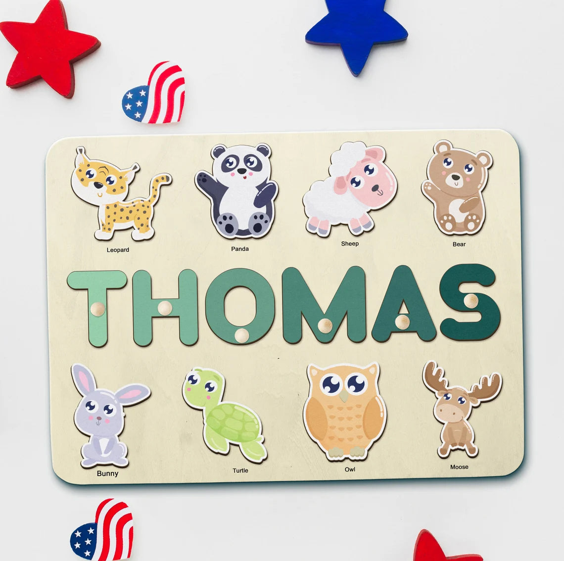 Personalized Name Puzzle with Animals, Baby Girl and Boy Gift, Wood Toy For One Year Old