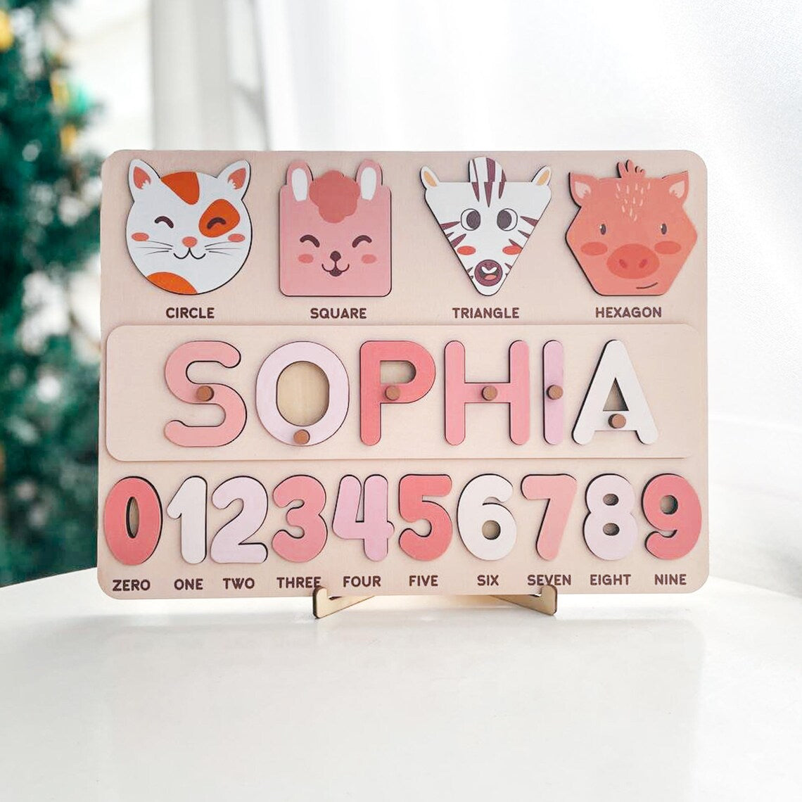 Personalized Name Puzzle with Colorful Shapes & Numbers, Wooden Learning Toy for Babies