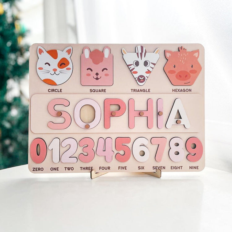 Personalized Name Puzzle with Colorful Shapes & Numbers, Wooden Learning Toy for Babies