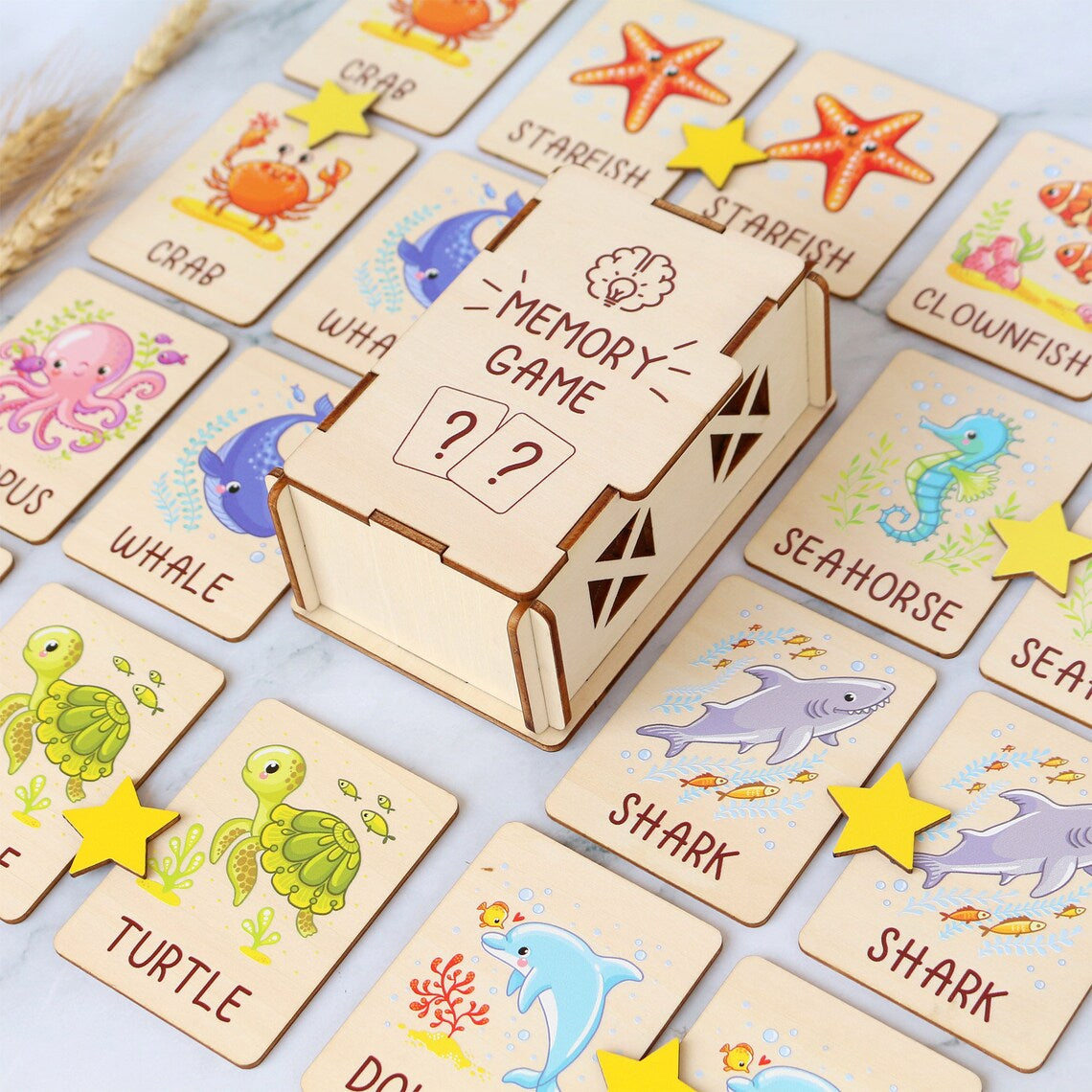 Personalized Ocean Animals Memory Game Montessori Matching Cards with Wooden Box, Visual Schedule for Kids Age 2-5, Gift for Kids