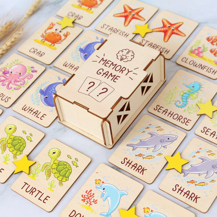 Personalized Ocean Animals Memory Game Montessori Matching Cards with Wooden Box, Visual Schedule for Kids Age 2-5, Gift for Kids