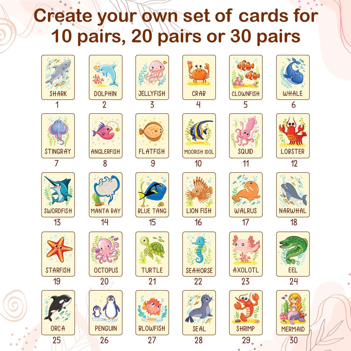 Personalized Ocean Animals Memory Game Montessori Matching Cards with Wooden Box, Visual Schedule for Kids Age 2-5, Gift for Kids