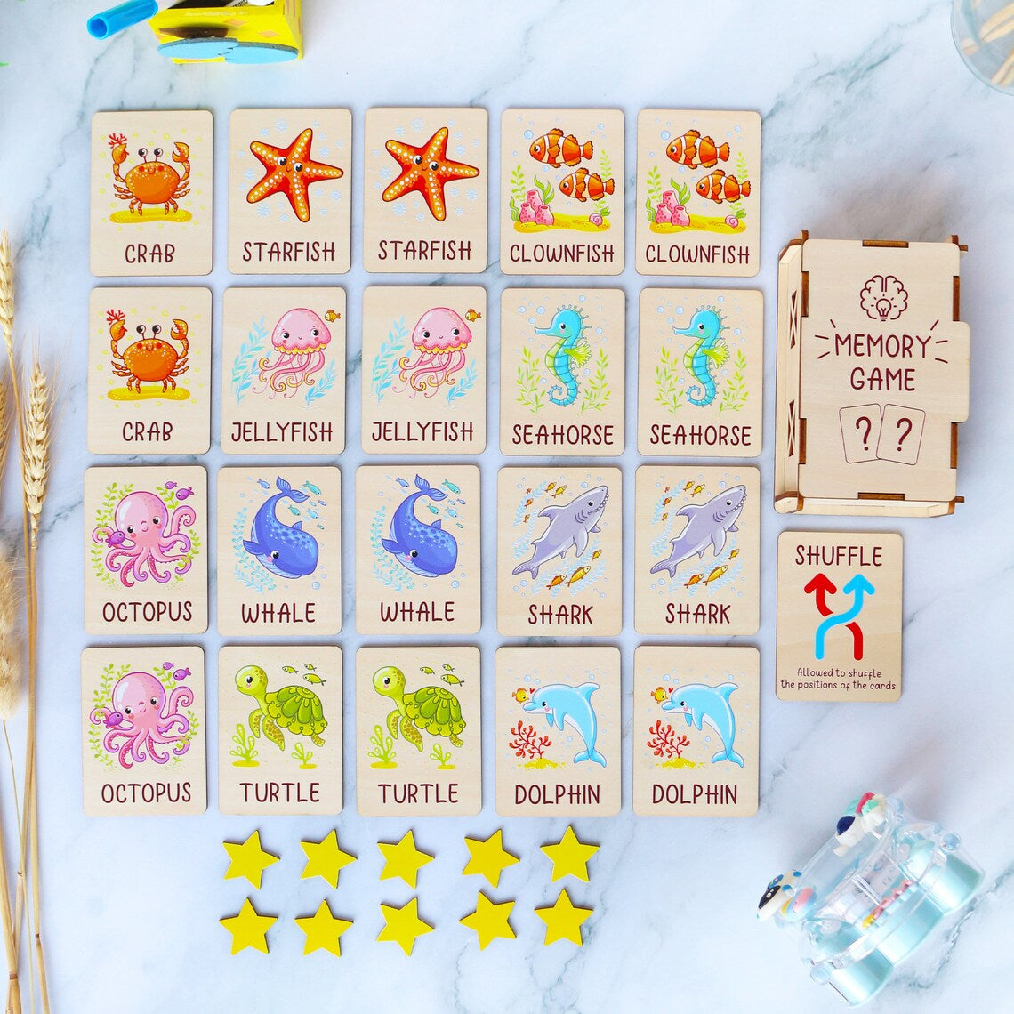 Personalized Ocean Animals Memory Game Montessori Matching Cards with Wooden Box, Visual Schedule for Kids Age 2-5, Gift for Kids