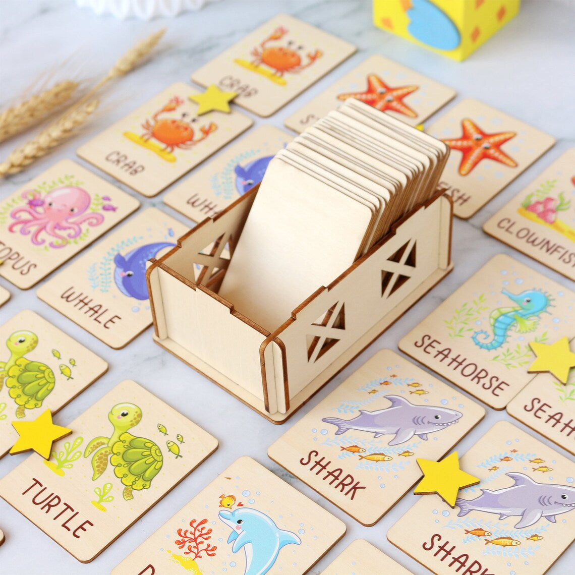 Personalized Ocean Animals Memory Game Montessori Matching Cards with Wooden Box, Visual Schedule for Kids Age 2-5, Gift for Kids