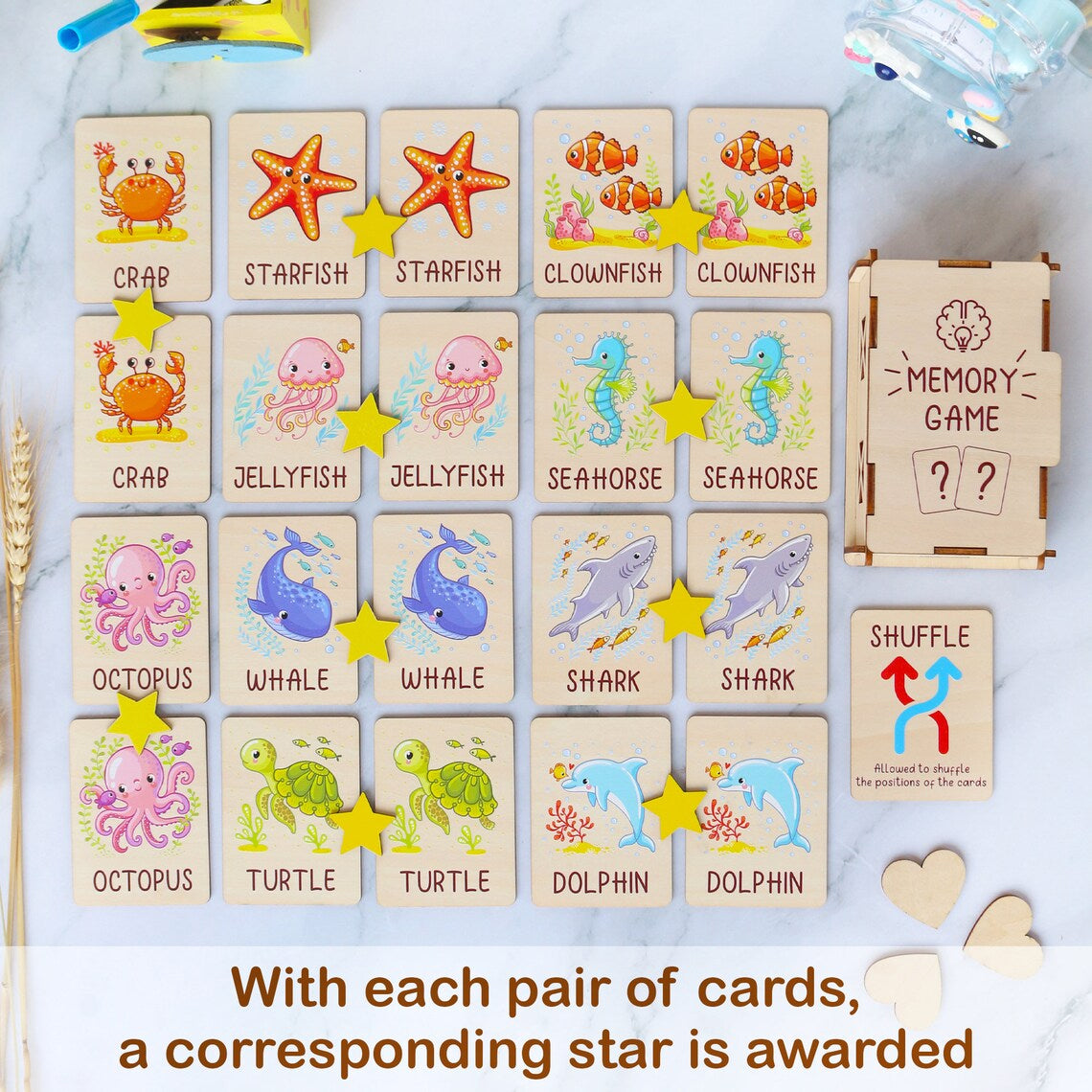 Personalized Ocean Animals Memory Game Montessori Matching Cards with Wooden Box, Visual Schedule for Kids Age 2-5, Gift for Kids