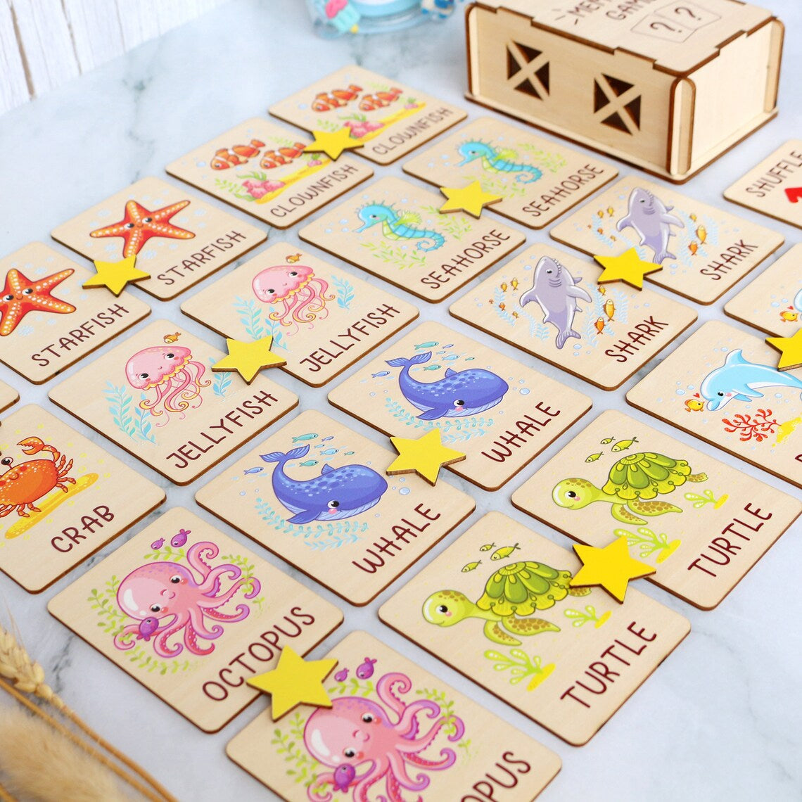 Personalized Ocean Animals Memory Game Montessori Matching Cards with Wooden Box, Visual Schedule for Kids Age 2-5, Gift for Kids