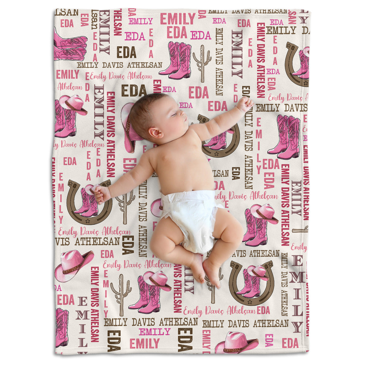 Personalized Pink Western Baby Blankets, Cowboy Baby Blankets, 3 Sizes Fleece Blankets for Infant Newborn Daughter Granddaughter