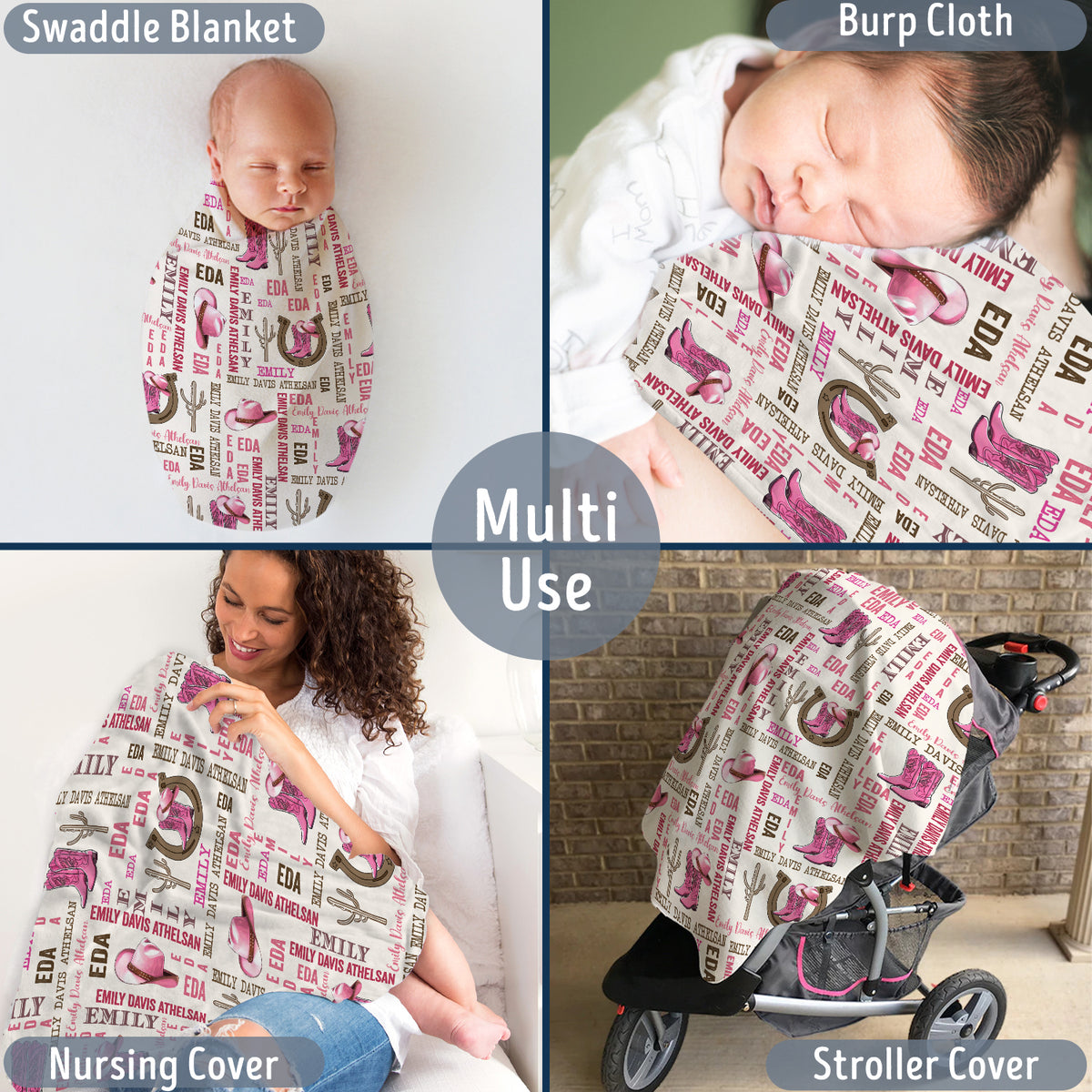 Personalized Pink Western Baby Blankets, Cowboy Baby Blankets, 3 Sizes Fleece Blankets for Infant Newborn Daughter Granddaughter