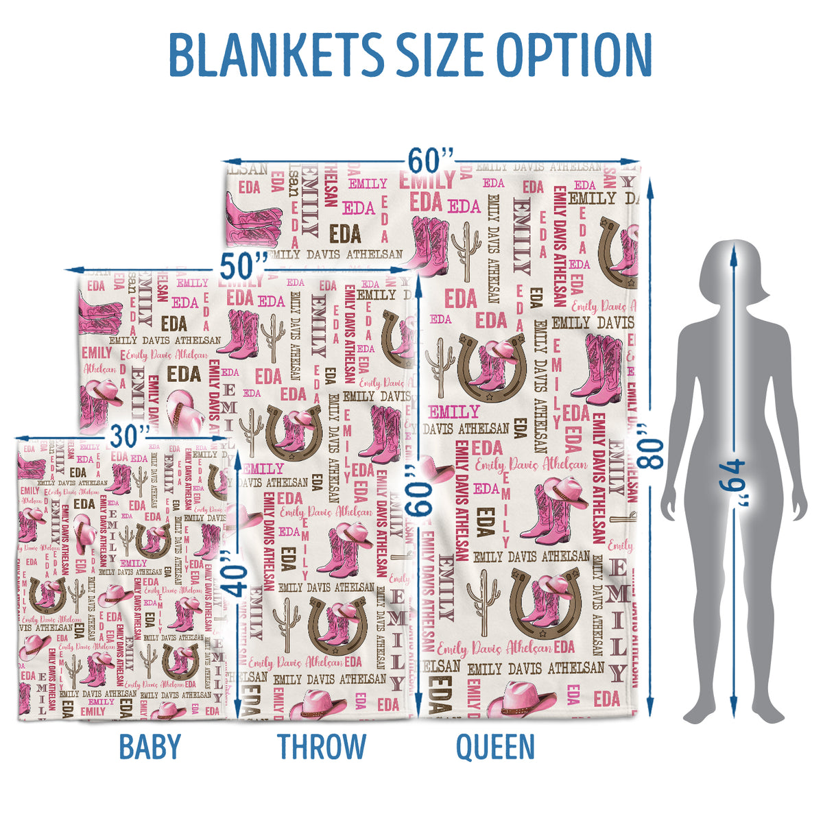 Personalized Pink Western Baby Blankets, Cowboy Baby Blankets, 3 Sizes Fleece Blankets for Infant Newborn Daughter Granddaughter