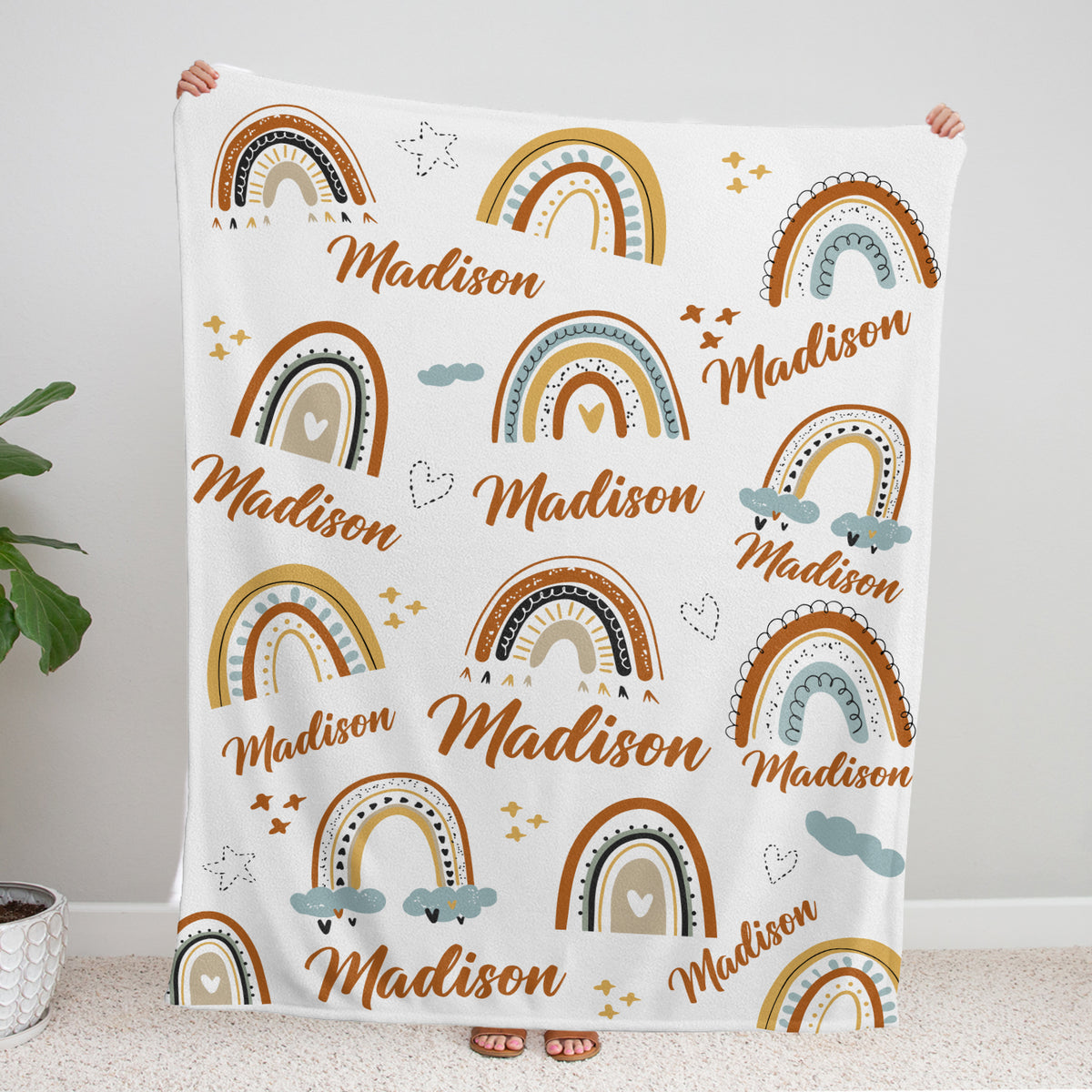 Personalized Rainbow Baby Blanket for Girls - Custom Boho Swaddle With Name, 3 Sizes Plush for Daughter, Granddaughter, Newborn