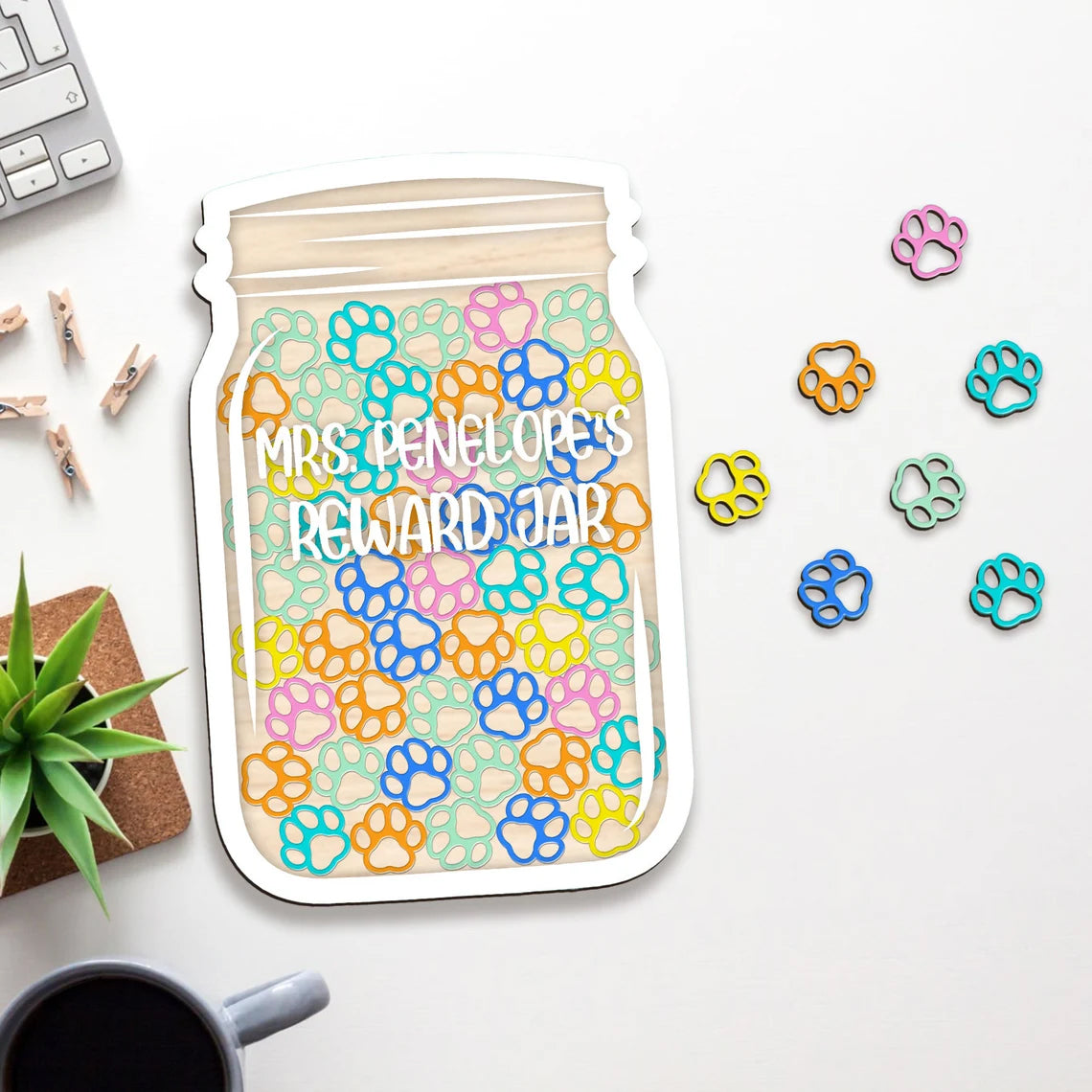 Personalized Kids Reward Jar For Classroom, Dog Paw Acrylic Charms, Teacher Jar Gift, Custom Teacher Name Sign