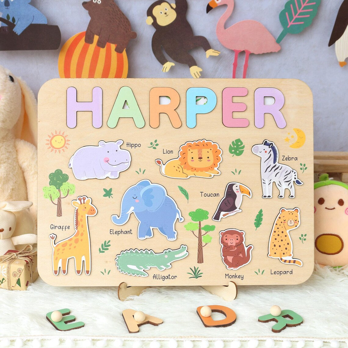 Personalized Safari Wooden Name Puzzle for Kids, Baby Name Name Puzzle, First Birthday Gifts, Wooden Toys for Baby, Toddler Gift