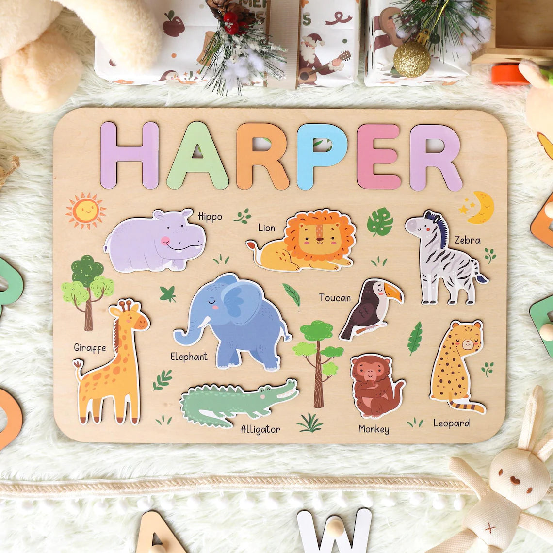 Personalized Safari Wooden Name Puzzle for Kids, Baby Name Name Puzzle, First Birthday Gifts, Wooden Toys for Baby, Toddler Gift