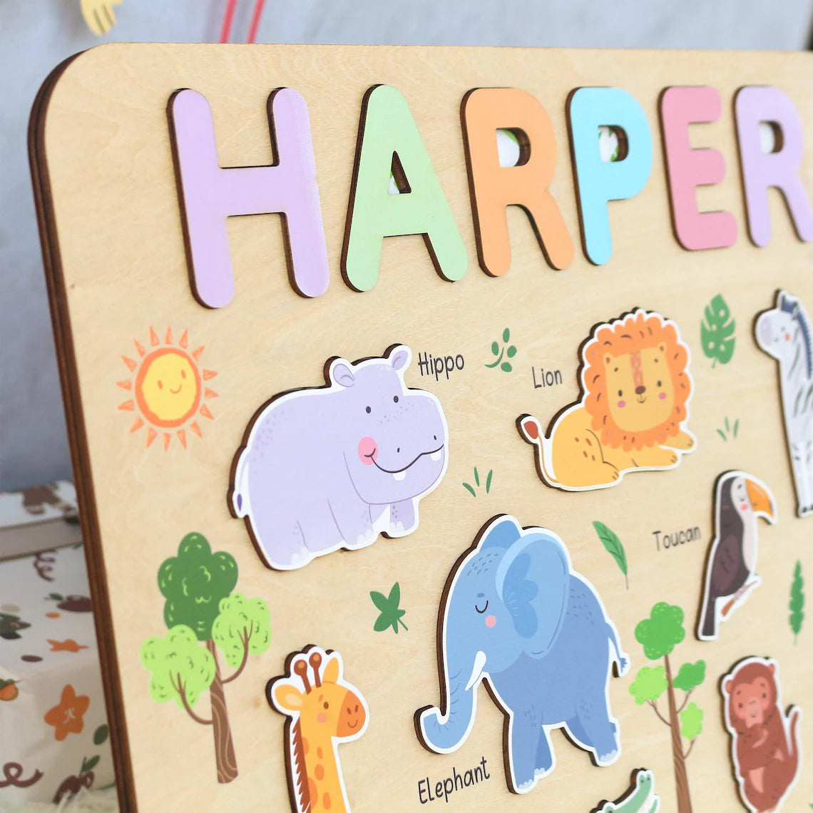 Personalized Safari Wooden Name Puzzle for Kids, Baby Name Name Puzzle, First Birthday Gifts, Wooden Toys for Baby, Toddler Gift