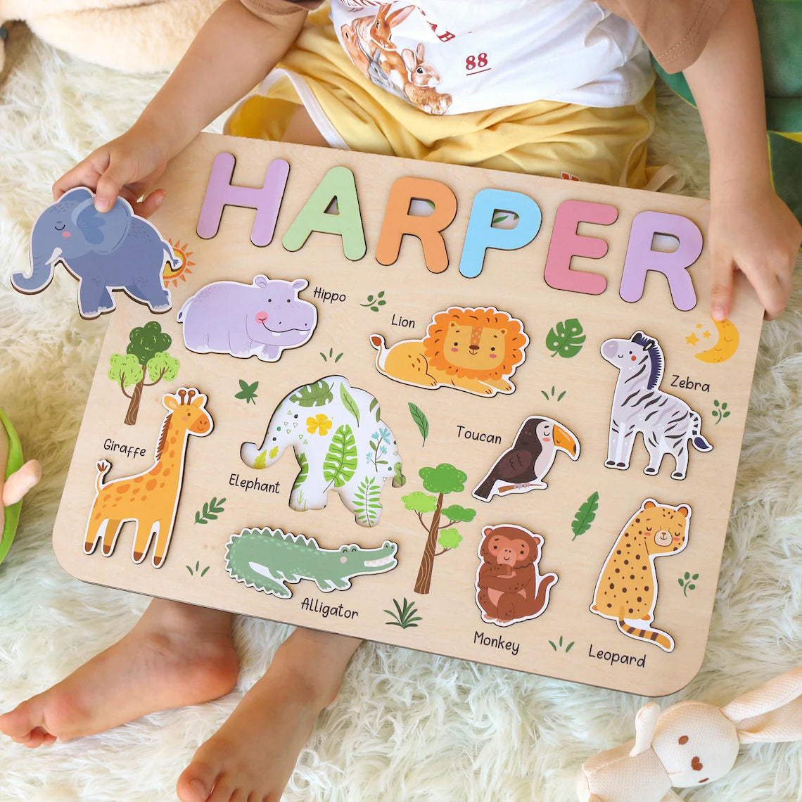 Personalized Safari Wooden Name Puzzle for Kids, Baby Name Name Puzzle, First Birthday Gifts, Wooden Toys for Baby, Toddler Gift