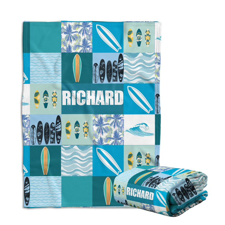 Personalized Surfboard Baby Blanket - Blue Plush, Custom Name for Boys & Girls, Beach Swaddle Blanket for Newborns & Toddlers
