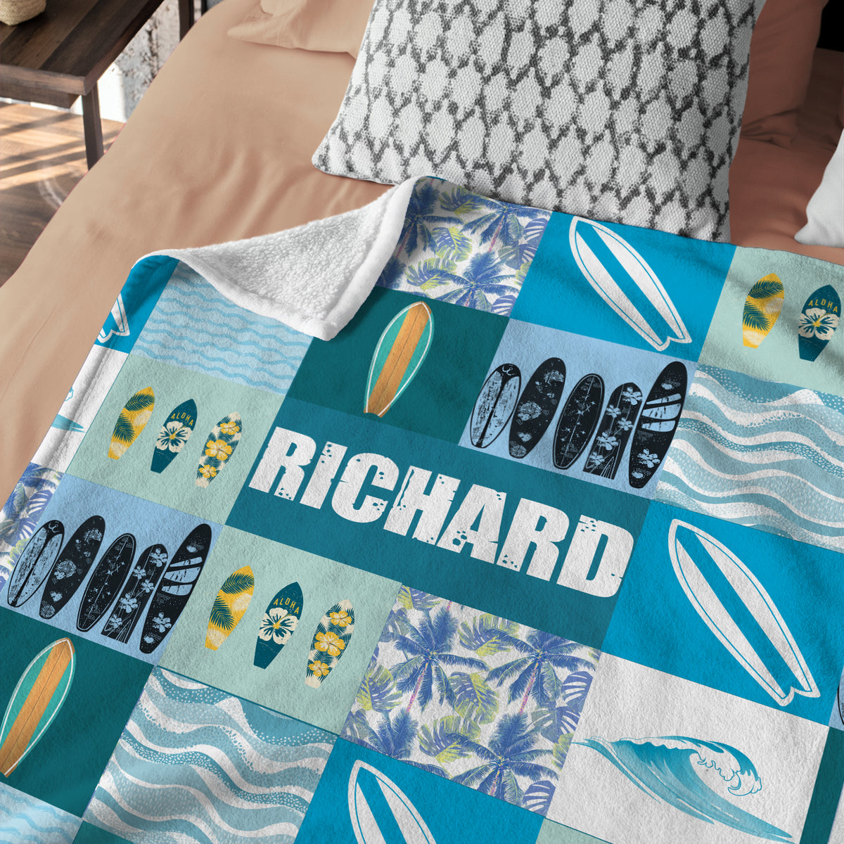 Personalized Surfboard Baby Blanket - Blue Plush, Custom Name for Boys & Girls, Beach Swaddle Blanket for Newborns & Toddlers