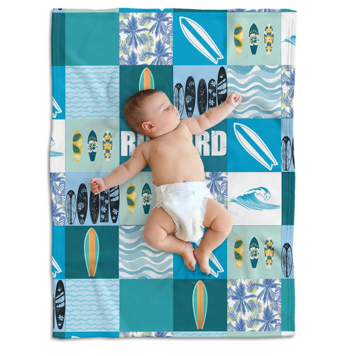 Personalized Surfboard Baby Blanket - Blue Plush, Custom Name for Boys & Girls, Beach Swaddle Blanket for Newborns & Toddlers