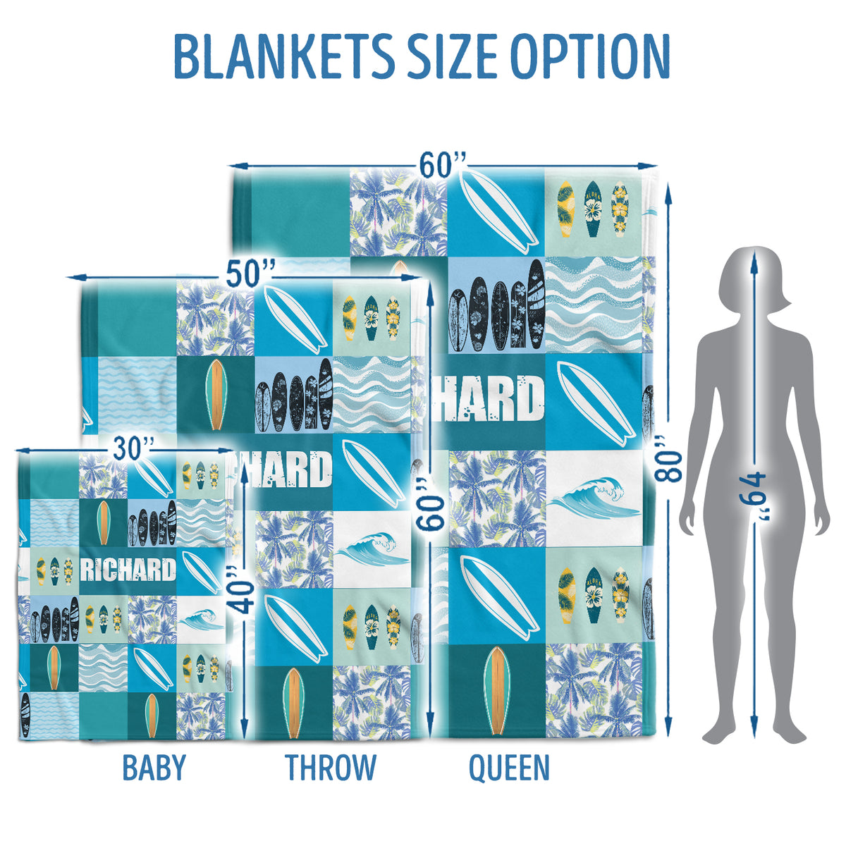 Personalized Surfboard Baby Blanket - Blue Plush, Custom Name for Boys & Girls, Beach Swaddle Blanket for Newborns & Toddlers