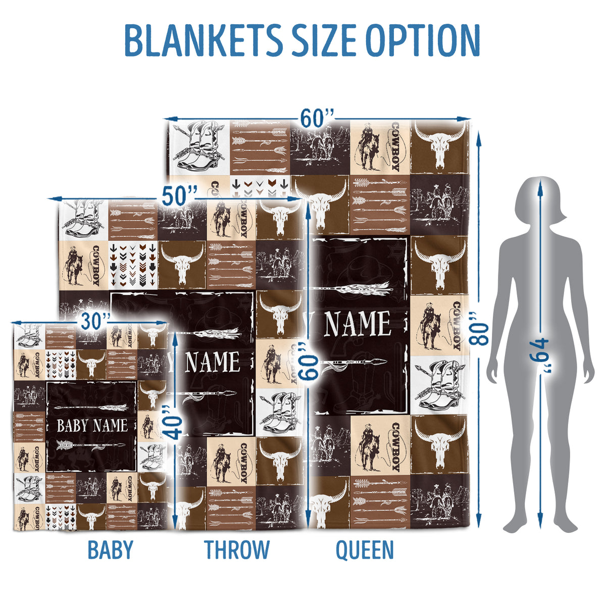 Personalized Western Baby Blanket, Fleece Blankets, 3 Sizes Fleece Blanket for Infant Newborn Son Daughter Toddlers Youth