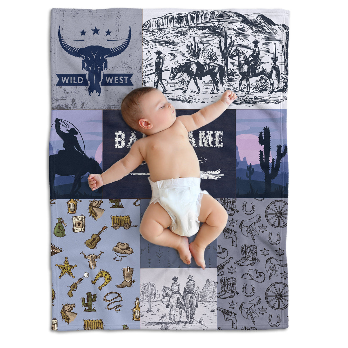 Personalized Western Baby Blanket for Boys, Cowboy Fleece Blanket, Custom Name for Newborn Infant Son Daughter Kids