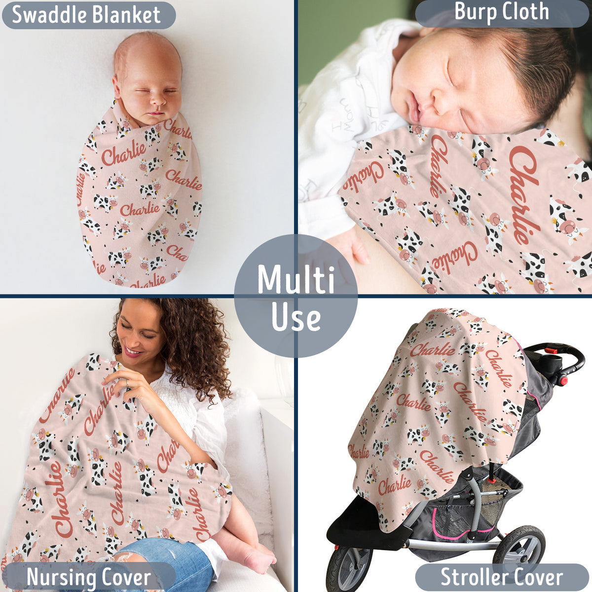 Personalized Western Baby Blanket for Girls, Cow Pattern, Cowboy Fleece for Newborn Infant, Custom Name