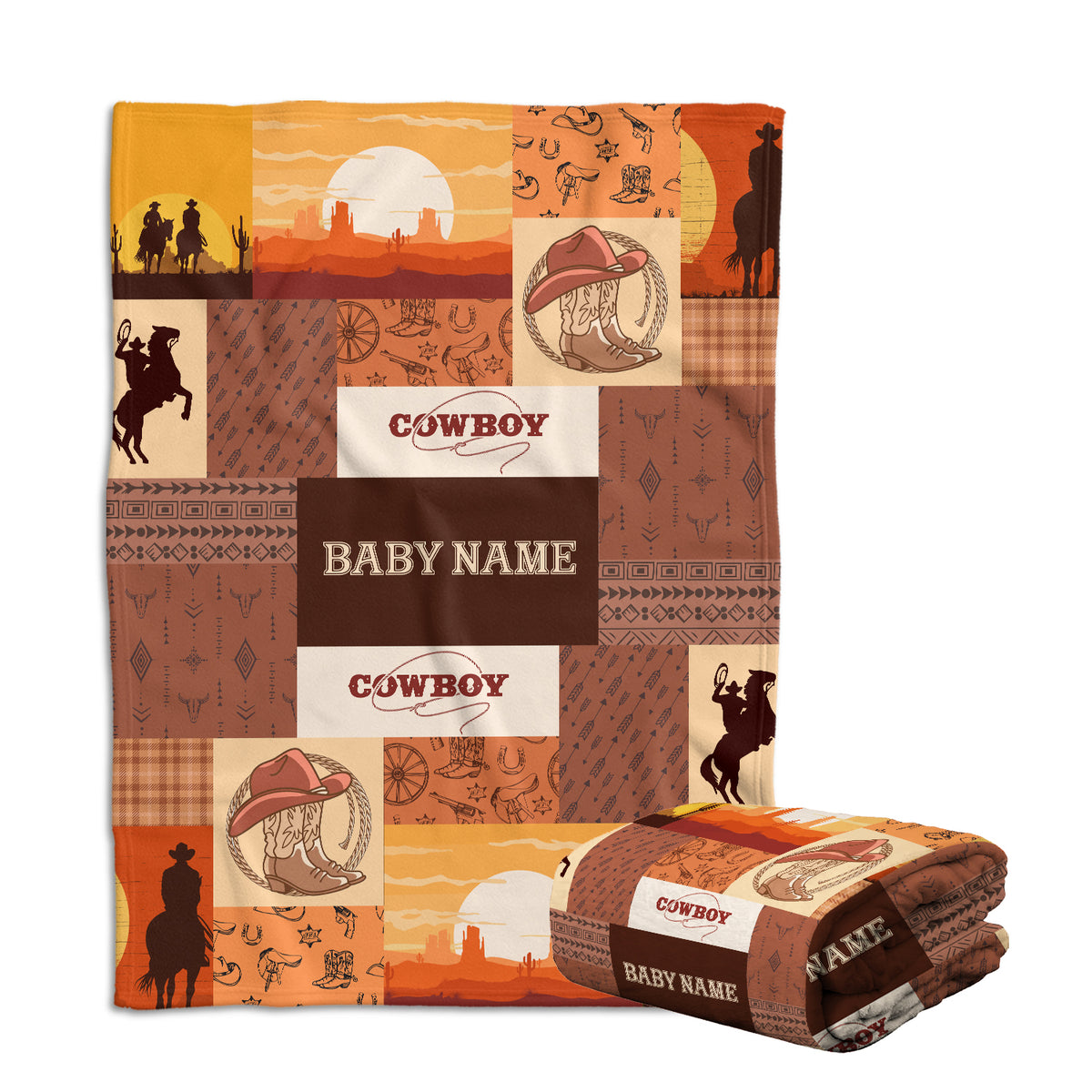 Personalized Western Baby Blankets - Cowboy & Brown Fleece Blankets for Boys & Girls