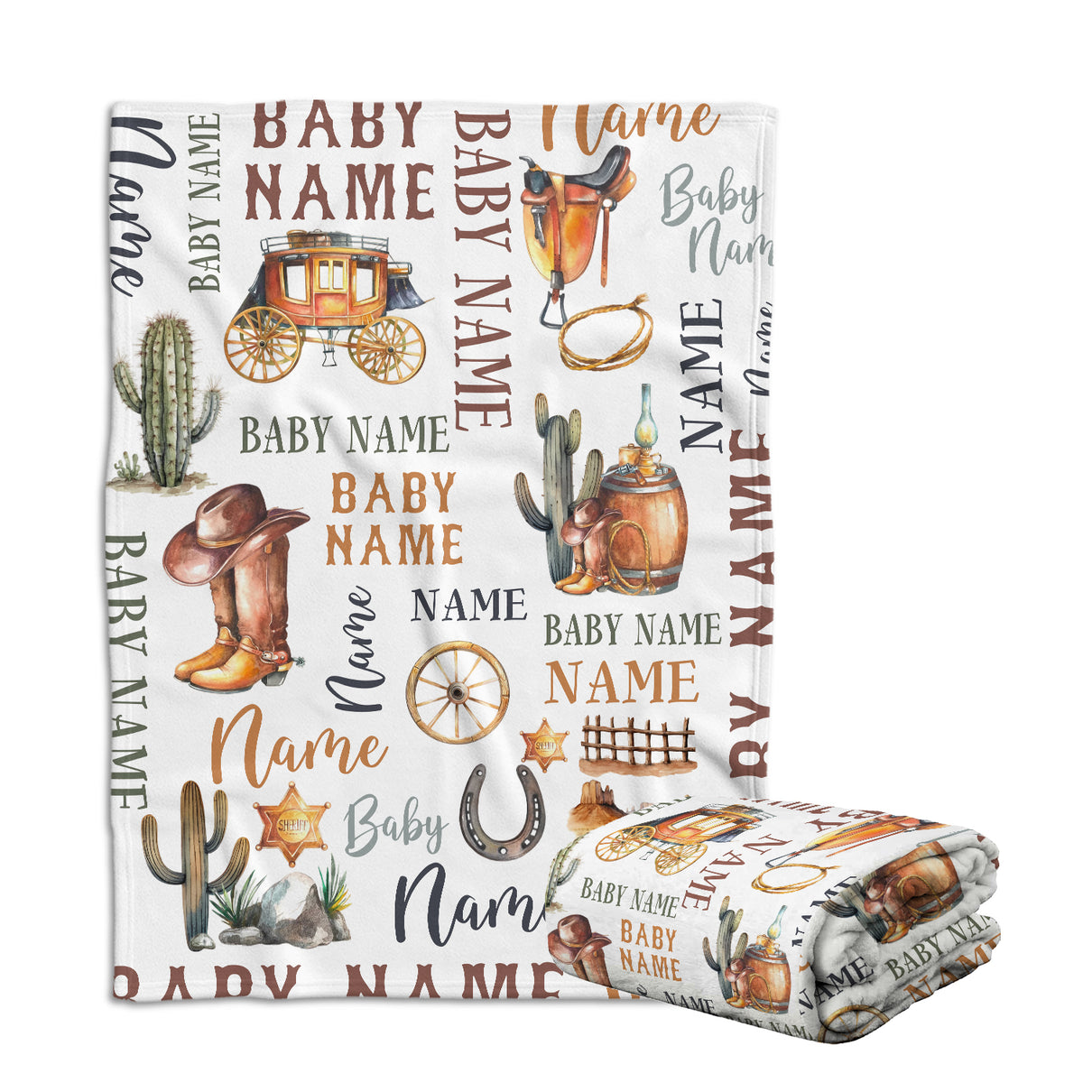 Personalized Western Baby Blankets - Cowboy Design, Custom Name, 3 Sizes Fleece for Infant Newborn Son Daughter