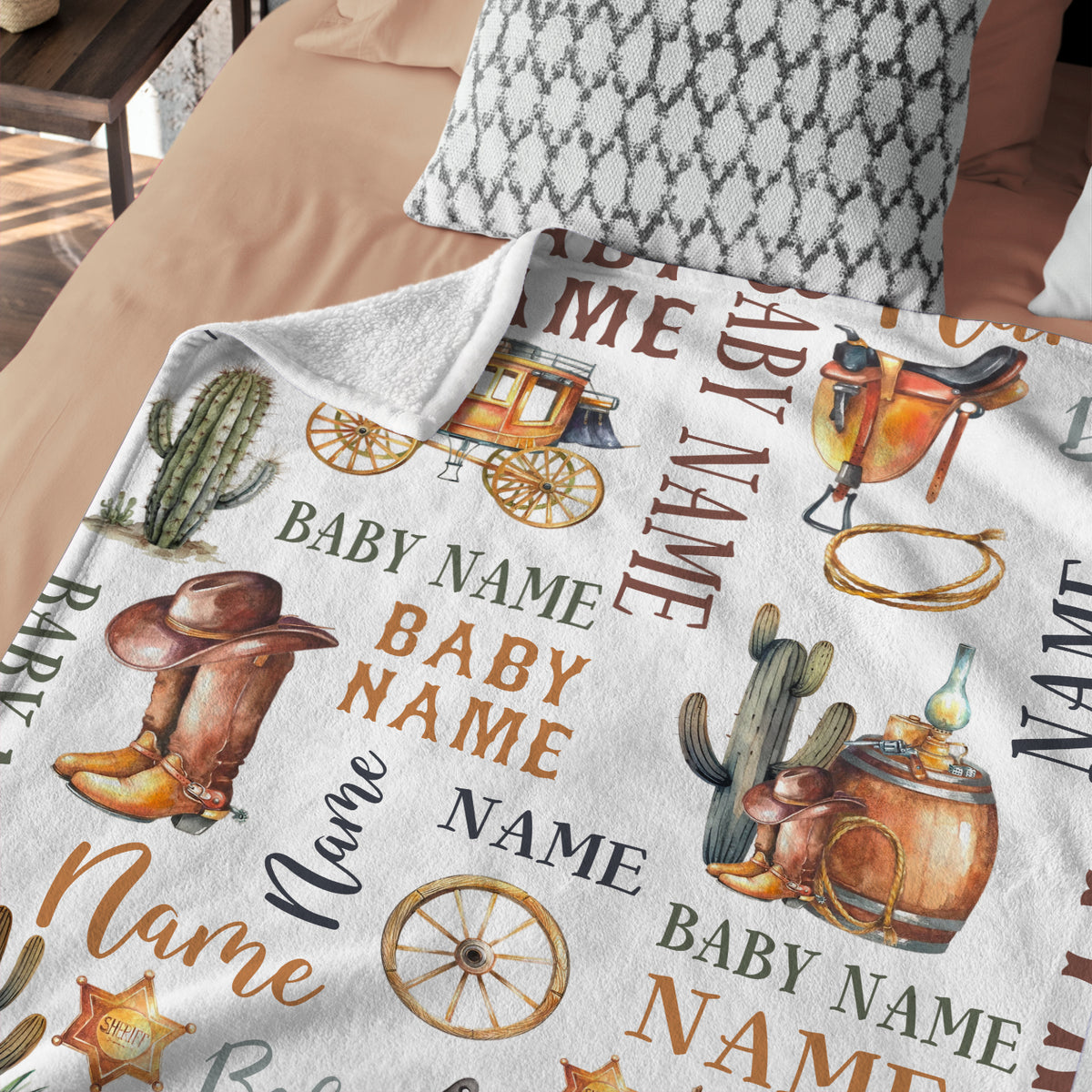 Personalized Western Baby Blankets - Cowboy Design, Custom Name, 3 Sizes Fleece for Infant Newborn Son Daughter