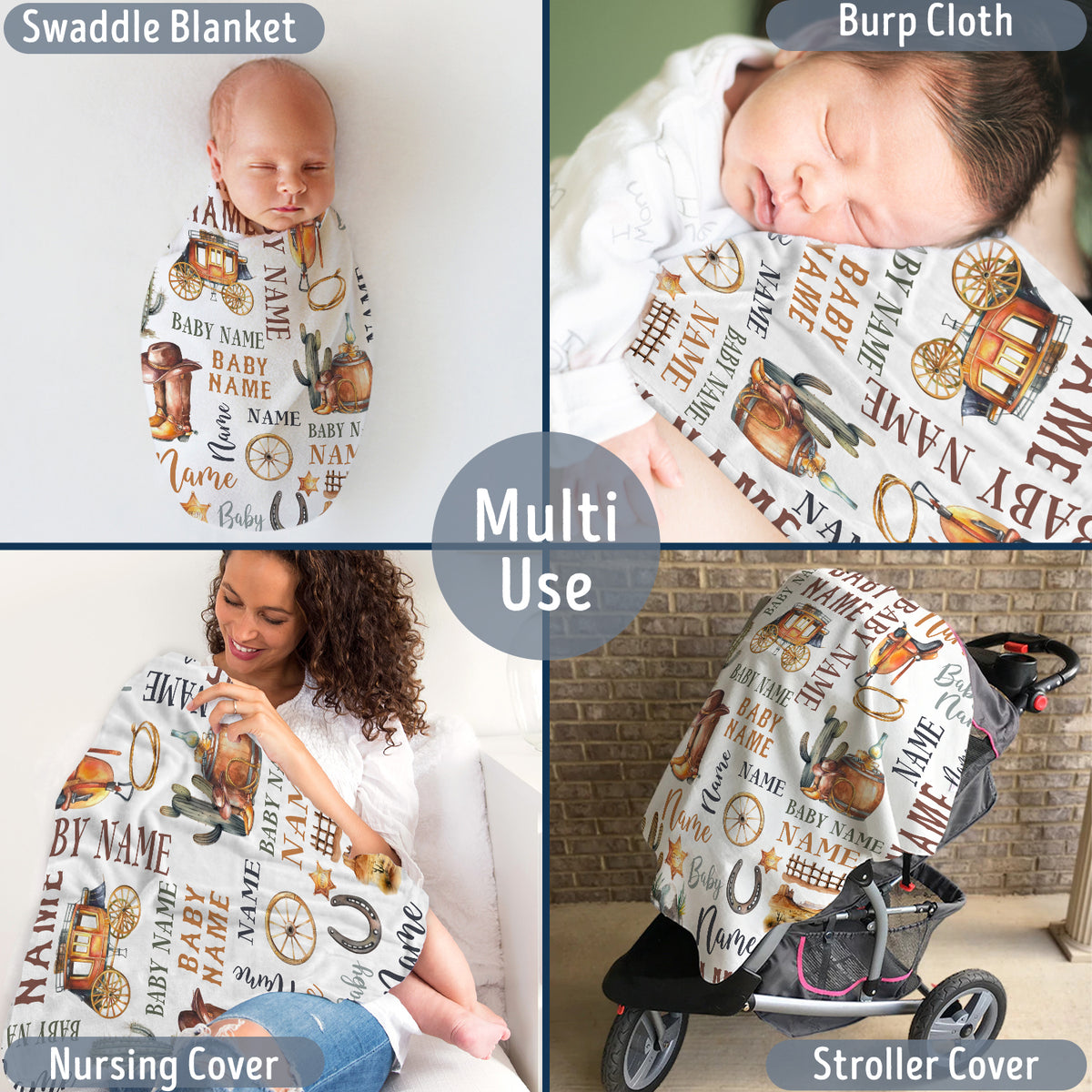 Personalized Western Baby Blankets - Cowboy Design, Custom Name, 3 Sizes Fleece for Infant Newborn Son Daughter
